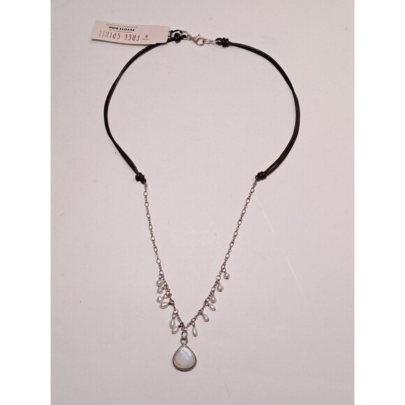 Peyote Bird Teardrop Moonstone Pearls Silver Chain Leather Cord Necklace 19" NWT - Picture 7 of 8